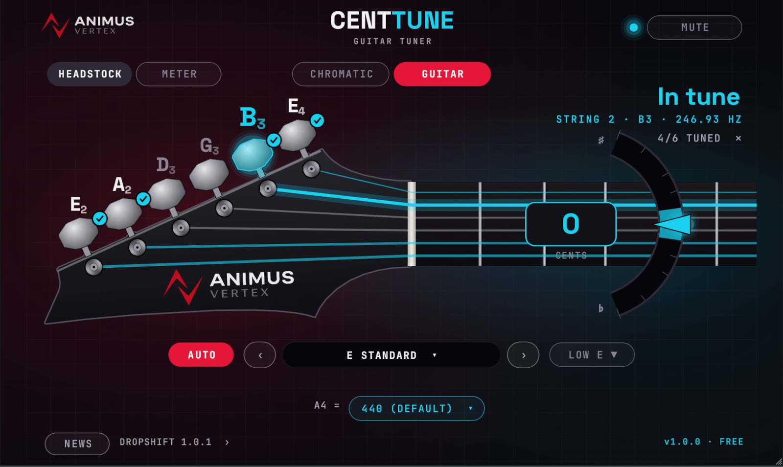 The CentTune window: a guitar headstock with E standard, the B string in tune at 0 cents, four of six strings ticked
