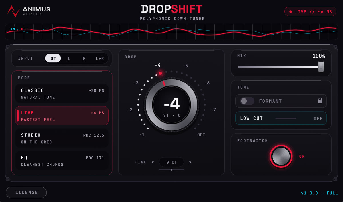 The DropShift plugin window in Live mode